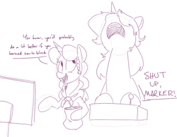 Size: 900x700 | Tagged: safe, artist:goat train, oc, oc only, oc:gloomy, oc:marker pony, 4chan, annoyed, arcade stick, eating, fight stick, frustrated, mocking, monochrome, open mouth, sketch, video game