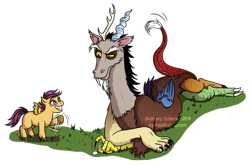 Size: 837x550 | Tagged: safe, artist:trojan-rabbit, discord, scootaloo, draconequus, pegasus, pony, female, filly, grass, looking at each other, orange coat, prone, purple mane, purple tail, raised eyebrow, raised hoof, simple background, smiling, transparent background, waving, wings