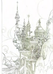 Size: 1159x1600 | Tagged: safe, artist:davedunnet, derpibooru import, architecture, beautiful, canterlot, canterlot castle, castle, concept art, grayscale, monochrome, no pony, official art, pencil drawing, scenery, traditional art, waterfall