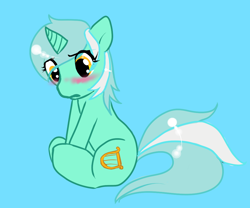 Size: 1080x900 | Tagged: safe, artist:azure-doodle, derpibooru import, lyra heartstrings, ask, blue background, blushing, sexually confused lyra, simple background, sitting, solo