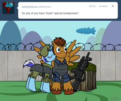 Size: 2450x2053 | Tagged: safe, artist:asktheguardponies, derpibooru import, minuette, oc, pegasus, pony, unicorn, asktheguardponies, barbed wire, beret, blushing, clothes, couple, cute, female, gun, kissing, male, shipping, soldier, special somepony, spread wings, straight, uniform, wall, weapon, wingboner