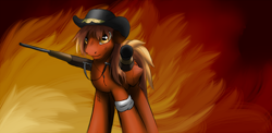 Size: 1636x800 | Tagged: safe, artist:jinyaranda, derpibooru import, oc, oc only, oc:calamity, pegasus, pony, fallout equestria, battle saddle, fanfic, fanfic art, gun, hat, male, rifle, solo, stallion, weapon, wings