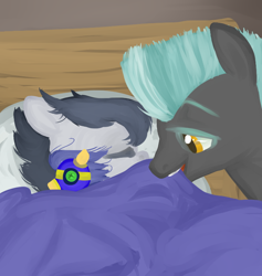 Size: 664x700 | Tagged: artist needed, safe, derpibooru import, rumble, thunderlane, ask-little-rumble, bed, blanket, brotherly love, brothers, plushie, sleeping, tucking in, tumblr, wonderbolts