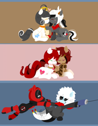 Size: 1200x1534 | Tagged: safe, artist:snow angel, oc, oc only, oc:adonis, oc:black ink, oc:snow angel, earth pony, pegasus, pony, bell, bell collar, charm, clothes, collar, crossover, deadpool, digital art, ear fluff, female, fluffy, ponified, scarf