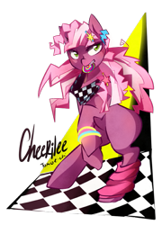 Size: 505x700 | Tagged: dead source, safe, artist:tomoe-chi, derpibooru import, cheerilee, earth pony, pony, 80s, 80s cheerilee, candy, female, food, mare, rearing, solo