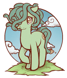 Size: 403x465 | Tagged: safe, artist:decemberdoe, derpibooru import, gorgon, medusa, ponified