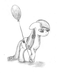 Size: 727x925 | Tagged: safe, artist:blazang, derpibooru import, sapphire joy, crystal pony, pony, balloon, monochrome, sad, traditional art