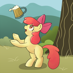 Size: 750x750 | Tagged: safe, artist:marikaefer, apple bloom, earth pony, pony, apple bloom's bow, cider, female, red mane, solo, yellow coat