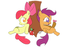 Size: 1900x1200 | Tagged: safe, artist:arudon, apple bloom, scootaloo, butterfly, earth pony, pegasus, pony, adorabloom, apple, cute, cutealoo, female, filly, leaning, misleading thumbnail, sitting, tree stump