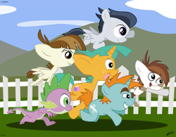 Size: 1024x799 | Tagged: safe, artist:loreto-arts, featherweight, pipsqueak, rumble, snails, snips, spike, dragon, bad anatomy, blank flank, colt, running