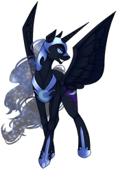 Size: 1200x1600 | Tagged: safe, artist:ninetail-fox, derpibooru import, nightmare moon, alicorn, pony, ethereal mane, evil grin, female, grin, mare, simple background, slit eyes, smiling, transparent background