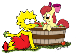 Size: 893x643 | Tagged: safe, artist:larrychan, derpibooru import, apple bloom, apple, crossover, lisa simpson, the simpsons