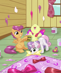 Size: 1000x1200 | Tagged: safe, artist:hollowzero, derpibooru import, apple bloom, scootaloo, sweetie belle, hearts and hooves day (episode), bow, cutie mark crusaders, glitter, hearts and hooves day, paint, paint on fur, scene interpretation, watermark