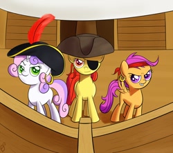 Size: 900x800 | Tagged: safe, artist:paradigmpizza, apple bloom, scootaloo, sweetie belle, bicorne, cutie mark crusaders, hat, pirate