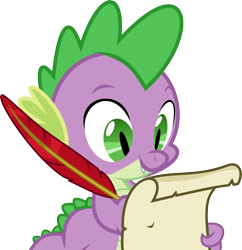 Size: 6000x6196 | Tagged: safe, artist:bucketofwhales, derpibooru import, spike, dragon, absurd resolution, male, quill, scroll, simple background, smiling, transparent background, writing