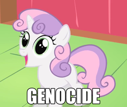 Size: 670x567 | Tagged: safe, derpibooru import, sweetie belle, dissonant caption, genocide, happy, image macro, murder, one word, open mouth, smiling, solo, text