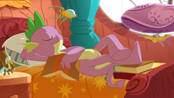 Size: 2880x1620 | Tagged: safe, artist:equestria-prevails, spike, dragon, bed, book, claws, crossed legs, eyes closed, male, older, sleeping, solo, teenage spike, teenaged dragon, underfoot