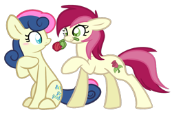 Size: 1100x750 | Tagged: safe, artist:selective-yellow, bon bon, roseluck, sweetie drops, female, lesbian, mouth hold, rose, rosebon, shipping