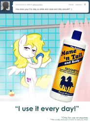 Size: 900x1217 | Tagged: safe, artist:willdrawforfood1, derpibooru import, surprise, g1, ask, ask surprise, g1 to g4, generation leap, mane 'n tail, product placement, shampoo, shower, tumblr