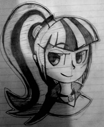 Size: 720x883 | Tagged: safe, artist:lightingdust101, sonata dusk, equestria girls, grayscale, lined paper, monochrome, solo, traditional art