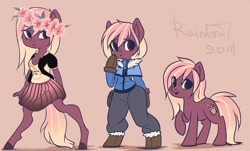 Size: 1280x772 | Tagged: safe, artist:yukomaussi, oc, oc only, anthro, pony, semi-anthro, anthro ponidox, anthro with ponies, bipedal, floral head wreath