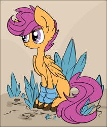 Size: 421x500 | Tagged: safe, artist:blue-spring, derpibooru import, scootaloo, pegasus, female, filly, orange coat, purple mane, solo