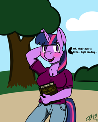 Size: 2000x2500 | Tagged: safe, artist:cobaltblaze93, artist:fenixthefox93, twilight sparkle, unicorn twilight, anthro, unicorn, arm behind head, big breasts, blushing, book, breasts, clothes, simple background, sweatdrop