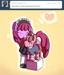 Size: 768x900 | Tagged: safe, artist:haute-claire, derpibooru import, berry punch, berryshine, ruby pinch, ask ruby pinch, berrybetes, clothes, cute, female, filly, maid, pinchybetes