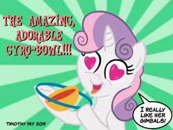 Size: 800x600 | Tagged: safe, artist:tim-kangaroo, derpibooru import, sweetie belle, pony, bipedal, gyro bowl, heart, heart eyes, solo, text, wingding eyes