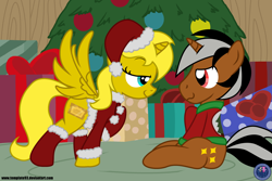 Size: 3600x2400 | Tagged: safe, artist:template93, derpibooru import, oc, oc only, oc:star sparkler, oc:ticket, alicorn, pony, alicorn oc, christmas, female, hearth's warming eve, male, shipping, show accurate, straight, ticketsparkler