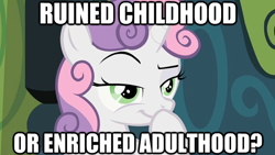 Size: 624x351 | Tagged: safe, derpibooru import, sweetie belle, pony, unicorn, female, filly, image macro, solo, thinking