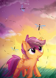 Size: 429x600 | Tagged: safe, artist:aurorie, derpibooru import, scootaloo, dragonfly, cute, cutealoo, solo