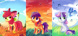 Size: 1287x600 | Tagged: safe, artist:aurorie, derpibooru import, apple bloom, scootaloo, sweetie belle, cutie mark crusaders