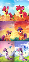 Size: 858x1800 | Tagged: dead source, safe, artist:aurorie, derpibooru import, apple bloom, scootaloo, sweetie belle, dragonfly, apple, comparison, cutie mark crusaders, food, paint on fur, paintbrush, painting