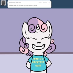 Size: 900x905 | Tagged: safe, artist:waywardtrail, artist:zestyoranges, derpibooru import, sweetie belle, ask, ask ecstatic rarity, blatant lies, penny tee, tumblr