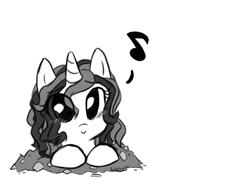 Size: 800x600 | Tagged: safe, artist:ruby-sunrise, derpibooru import, oc, oc only, oc:twilight panda, pony, unicorn, black and white, cute, eyes, grayscale, looking at you, monochrome, mspaintponies, mspaintponies fanart, music notes, ocbetes, smiling, solo, tumblr