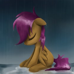 Size: 1800x1800 | Tagged: safe, artist:steffy-beff, derpibooru import, scootaloo, pegasus, pony, abandoned, crying, eyes closed, female, rain, sad, scootalone, scootasad, solo, wet mane