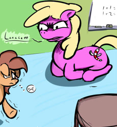 Size: 470x511 | Tagged: safe, artist:firenhooves, oc, oc only, :c, angry, frown, late, math, school, sitting, sitting like a pony, stare, table, teacher, whiteboard