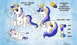 Size: 1280x743 | Tagged: safe, artist:black-namer, derpibooru import, oc, oc only, oc:prince eos, alicorn, pony, age progression, alicorn oc, cutie mark, offspring, parent:princess cadance, parent:shining armor, parents:shiningcadance, reference sheet