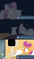 Size: 1280x2180 | Tagged: safe, artist:dtcx97, rumble, scootaloo, sweetie belle, ask, hospital, post-crusade, sick, tumblr