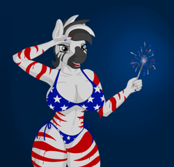 Size: 1300x1250 | Tagged: safe, artist:stray prey, oc, oc only, anthro, zebra, 4th of july, armpits, big breasts, bikini, bodypaint, breasts, cleavage, clothes, fireworks, flag bikini, gradient background, holiday, murica, nail polish, paint, paint on fur, salute, swimsuit, zebra oc