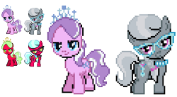 Size: 364x199 | Tagged: safe, artist:dmn666, derpibooru import, diamond tiara, silver spoon, glasses, kneesocks, panty and stocking with garterbelt, pixel art, pokémon, ponymon, scanty, scanty and kneesocks, sprite