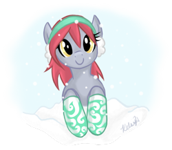 Size: 988x857 | Tagged: safe, artist:viperviolist, derpibooru import, oc, oc only, oc:red velvet, pony, c:, clothes, cute, earmuffs, female, leaning, looking at you, mare, simple background, smiling, snow, snowfall, socks, solo, transparent background