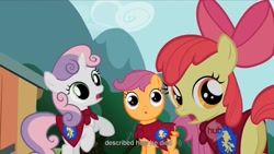 Size: 1008x567 | Tagged: safe, derpibooru import, screencap, apple bloom, scootaloo, sweetie belle, stare master, cutie mark crusaders, hub logo, scootastare, youtube caption