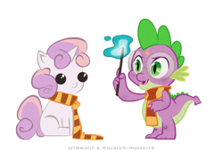 Size: 671x459 | Tagged: safe, artist:artmeis07, artist:macaroni-massacre, derpibooru import, spike, sweetie belle, dragon, clothes, harry potter, scarf