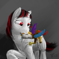 Size: 1800x1800 | Tagged: safe, artist:juleppony, discord, oc, oc:blackjack, cyborg, draconequus, pony, unicorn, fallout equestria, fallout equestria: project horizons, canon x oc, female, kissing, male, shipping, straight, tiny