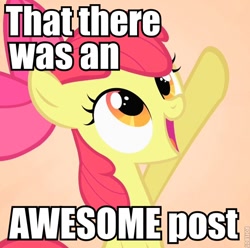 Size: 600x594 | Tagged: safe, derpibooru import, apple bloom, image macro, impact font, pointing, reaction image