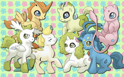 Size: 900x563 | Tagged: safe, artist:alicehumansacrifice0, derpibooru import, celebi, jirachi, manaphy, mew, pokémon, ponified, shaymin, victini