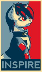 Size: 1329x2269 | Tagged: safe, artist:toasterrepairunit, oc, oc only, oc:littlepip, pony, unicorn, fallout equestria, clothes, fanfic, fanfic art, female, hope poster, horn, mare, poster, propaganda, shepard fairey, solo, vault suit