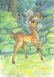 Size: 1150x1616 | Tagged: safe, artist:kvalificatsia, derpibooru import, oc, oc only, deer, flower in hair, forest, raised hoof